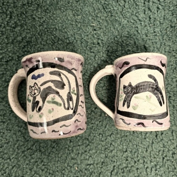 Haley Pottery Stoneware Mugs 2 Set Signed Wilmington NC Handmade Cat Motif Cups - Picture 1 of 11